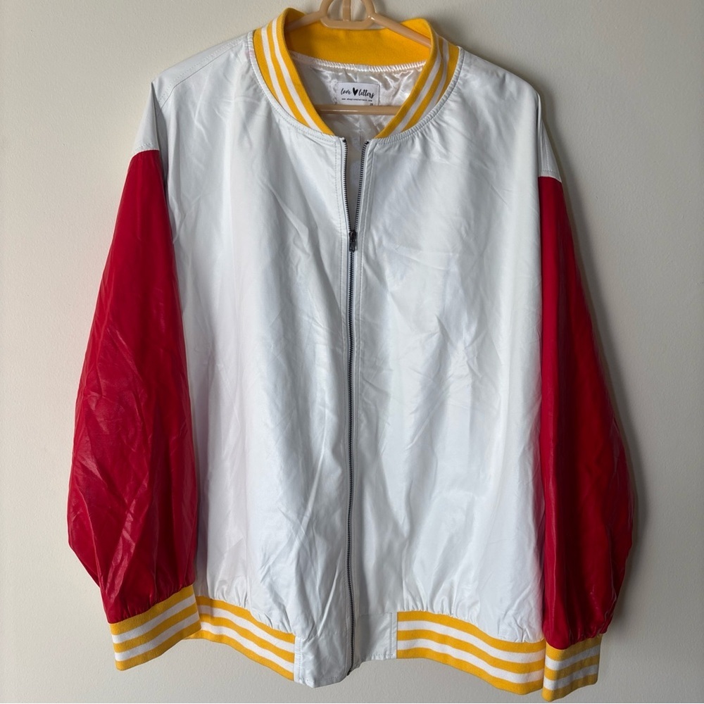 White and Red Kansas City Varsity Jacket with Yellow Accents